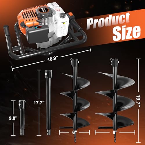 Post Hole Digger, 62cc Auger Post Hole Digger, Gas Powered Earth Digger with 2 Auger Drill Bits(6" & 8") + 3 Extension Rods, for Farmland, Garden and Plant (62CC)