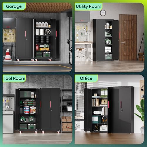 Metal Garage Storage Cabinet, Tall Garage Cabinets with 5 Adjustable Shelves, Steel Tool Storage Cabinet with Wheels,Lockable Heavy Duty Metal Cabinets for Home, Warehouse,Basement