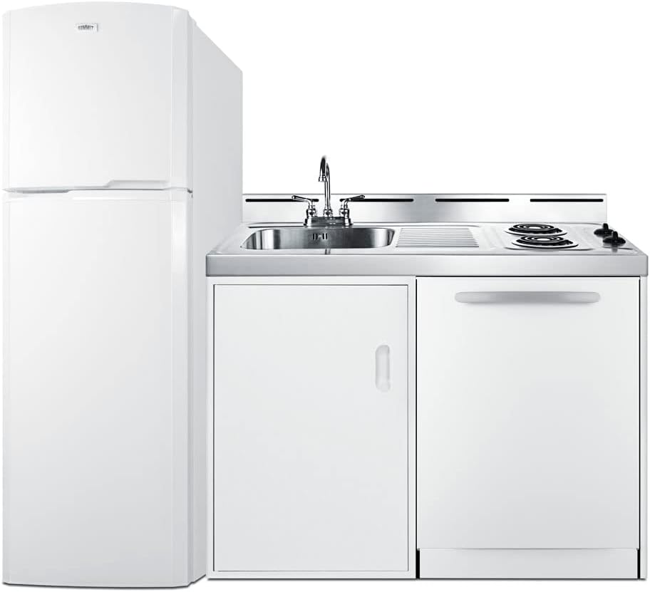 Summit Appliance ACKDW72 72" Wide All-in-one Kitchenette with Full-sized Frost-free Refrigerator-Freezer, 24" Dishwasher, Two Coil 115V Burners, Sink, and Storage Cabinet
