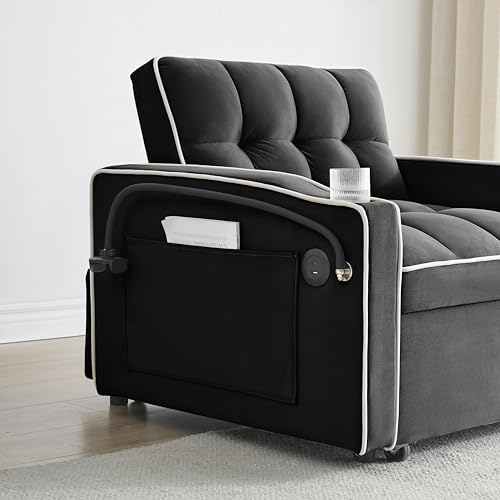 3 in 1 Sleeper Chair with Cup Holder & Swivel Phone Stand , Convertible Lazy Sleeper Sofa Chair with USB Port & Adjustable Back, Comfortable Folding Ottoman Bed Sleeper for Living Room (Creamy White)