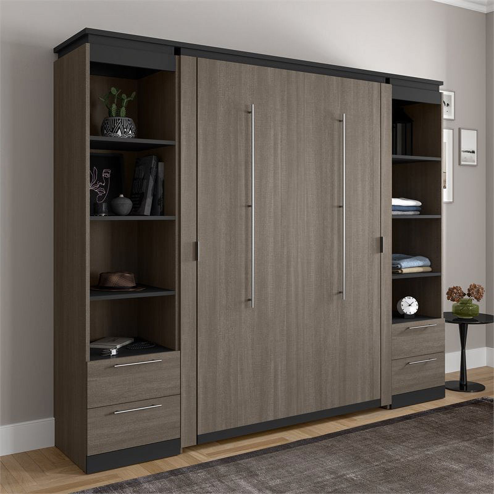 Atlin Designs 98" Full Murphy Bed and 2 Bookcases with Drawers in Bark Gray