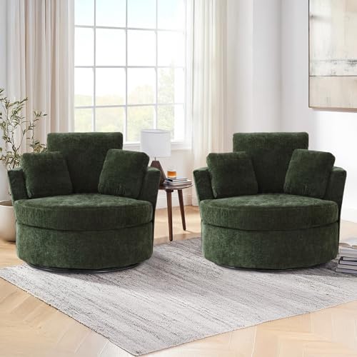 Chair and A Half with Ottoman, 360° Swivel Accent Barrel Chair Modern Comfy Round Reading Sofa Swivel Chairs Circle Lounge Chair for Bedroom Living Room w/4 Pillow Lower Seating Heigh (White, Large)