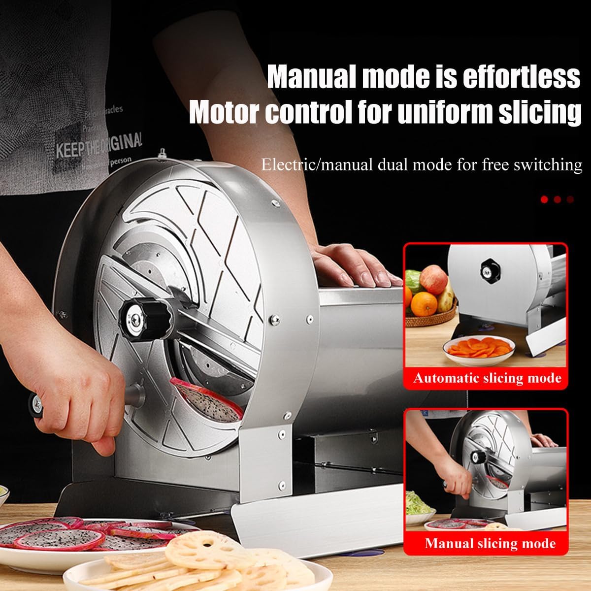 Stainless steel electric slicer, slicer thickness adjustable range 0-12mm, manual automatic integrated fruit and vegetable slicer, one-button start, suitable for fruits and vegetables