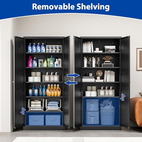 Kitchen Pantry Storage Cabinet with Adjustable Shelves Metal Cupboard Storage Cabinet with Adjustable Feet Pantry Cabinet for Kitchen, Living Room Dinning Room Bathroom. (Black, 61 inch)