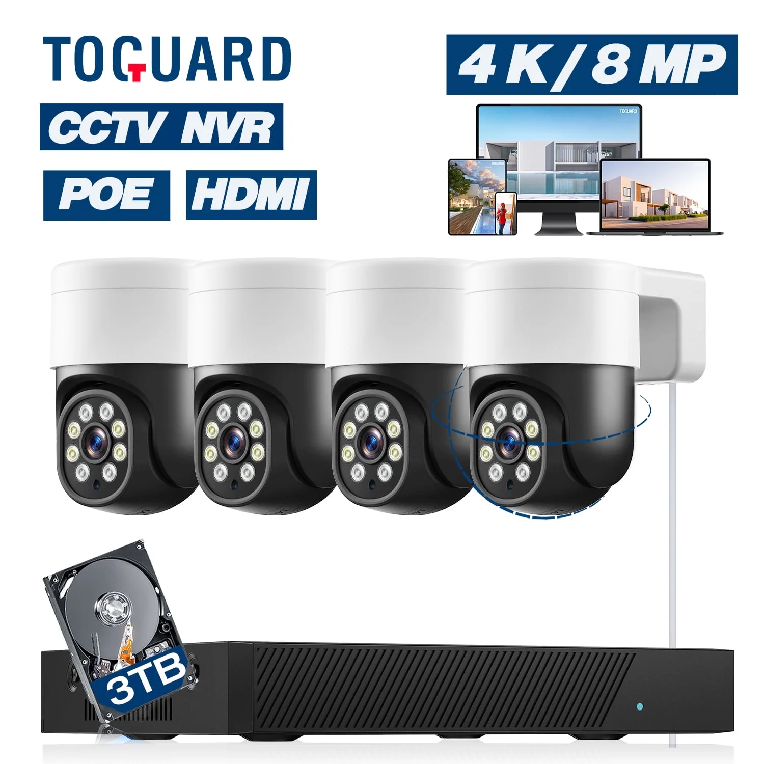 TOGUARD SC46 4K/4MP+4MP POE Security Camera System Outdoor with 8CH CCTV NVR 4Pcs 4K/4MP+4MP PTZ Dome Surveillance Cameras 3TB Hard Drive HDMI Connector - Curated Treasures Market