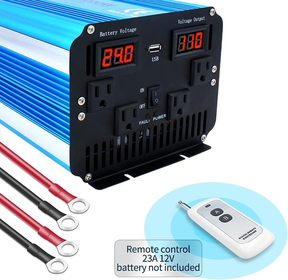 Cantonape Pure Sine Wave Inverter 4000W Power Inverter 24V to 110V DC to AC with LED Display Remote Controller for Truck RV Home Solar System