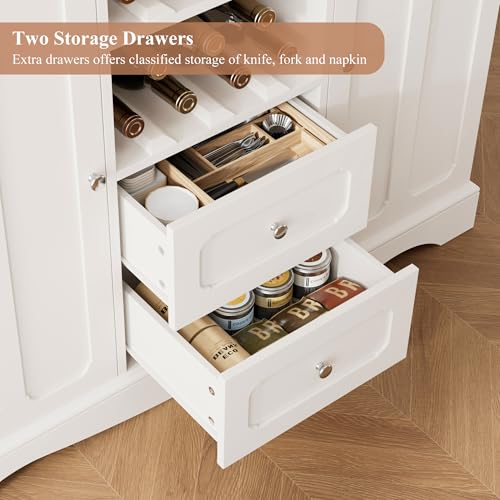 HORSTORS 70" Tall Pantry Cabinet, Kitchen Hutch with Microwave Stand, Modern Kitchen Storage Cabinet with 2 Drawers, Food Pantry with Wine Rack for Dining Room, Living Room, White