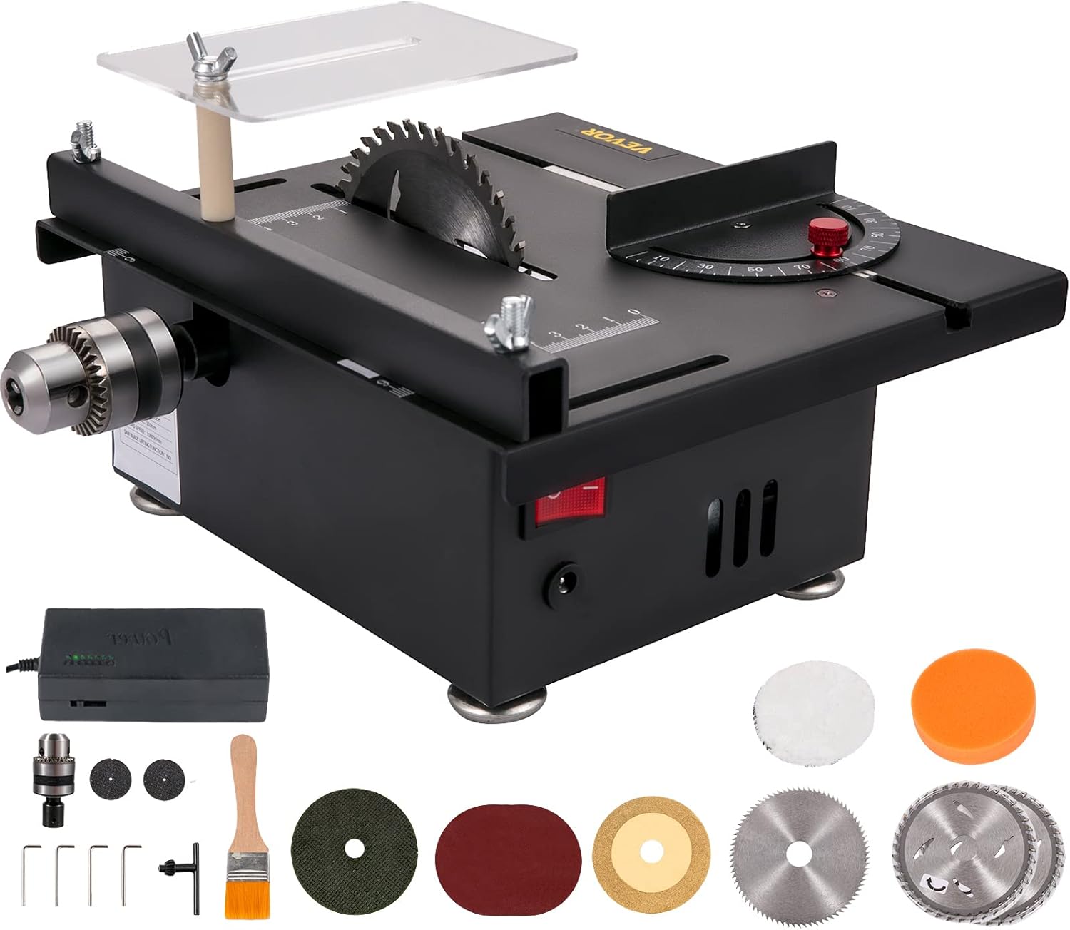 VEVOR Mini Table Saw, 96W Hobby Table Saw for Woodworking, 0-90 Angle Cutting Portable DIY Saw, 7-Level Speed Adjustable Multifunctional Table Saws, 1.3in Cutting Depth (Cutting/Polishing Set)
