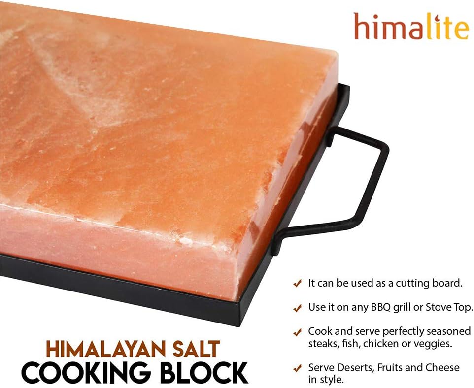 Himalite Himalayan Pink Salt Block & Metal Tray Set 12” x 8” x 1.5” for Cooking, Grilling, Cutting, and Serving with Himalayan Cooking Accessories Pack of 2