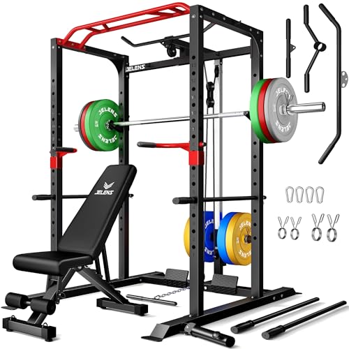 Power Cage, 2000LBS Multi-Function S11 Power Rack with LAT Pulldown, Squat Rack with Adjustable Pulley System and More Training Attachments, Weight Workout Machine for Home Gym