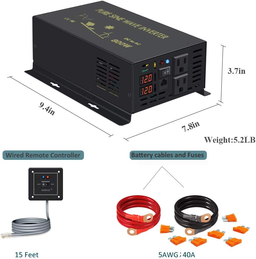 Pure Sine Wave Inverter 800Watt 12V DC to 110V 120V Power Inverter with Remote Control Dual AC Outlets for CPAP RV Car Solar System