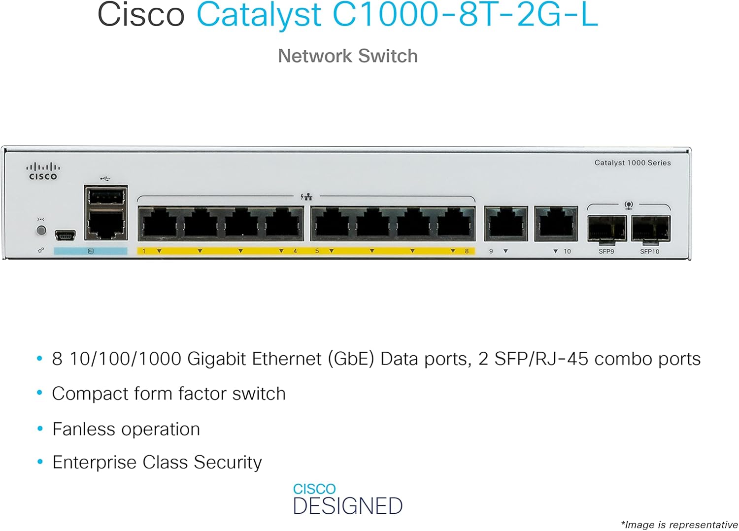 Cisco Catalyst 1000-8T-2G-L Network Switch, 8 Gigabit Ethernet (GbE) Ports, 2x 1G SFP/RJ-45 Combo Ports, Fanless Operation, Enhanced Limited Lifetime Warranty (C1000-8T-2G-L)