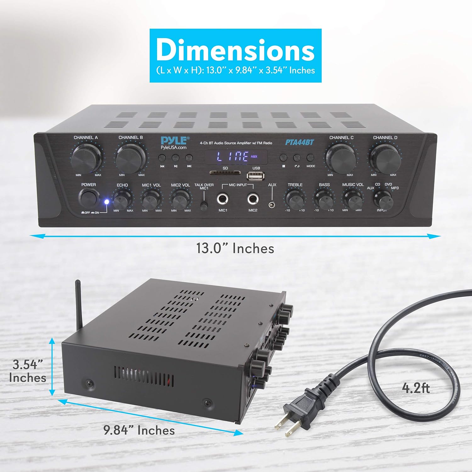 500W Karaoke Wireless Bluetooth Amplifier - 4 Channel Stereo Audio Home Theater Speaker Sound Power Receiver with AUX IN, FM, RCA Subwoofer Speakers OUT, USB, Microphone IN with Echo - Pyle PTA44BT