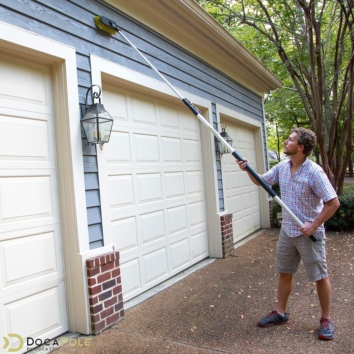 DocaPole 7-30 Foot Hard Bristle Brush Extension Pole |11” Scrub Brush with Telescopic Pole | Long Handle Cleaning Brush and Deck Brush for House Siding, Deck, Garage, Patio and More