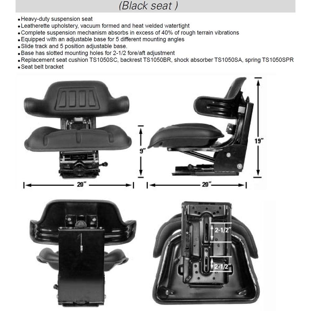 Black Universal Tractor Seat with Full Suspension and Adjustable Angle Base