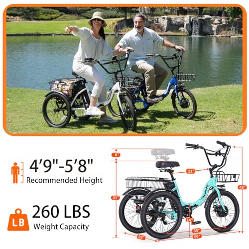Electric Tricycle 20" 3 Wheels Electric Trike for Adults Women Men | Folding, Electric Bicycle Bikes, 350W, Step-Thru, Etrike, 374WH, Removable Battery, Large Basket