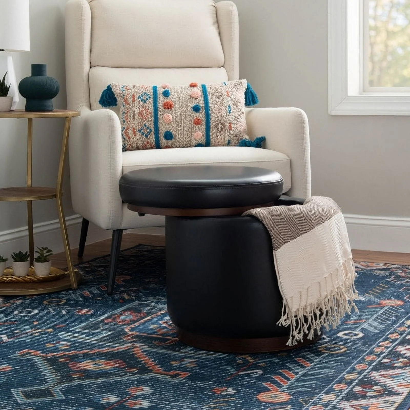 Linon Rue Faux Leather Round Storage Ottoman Caramel