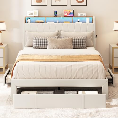 YITAHOME Queen Size Bed Frame, Storage Bed Frame with 4 Drawers & LED Light, Platform Bed with Storage Upholstered Headboard and Charging Station, No Box Spring Needed, Easy Assembly, Beige