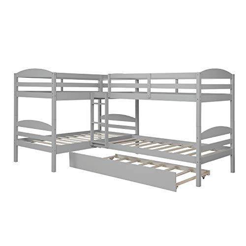 Four Bunk Bed Twin-Over-Twin-Over-Twin-Over-Twin L Shaped Bunk Bed with Trundle, Bunk Bed Can be Divided into 2 L-Shaped Beds for Accommodating 5, Family, Teens, No Box Spring Needed