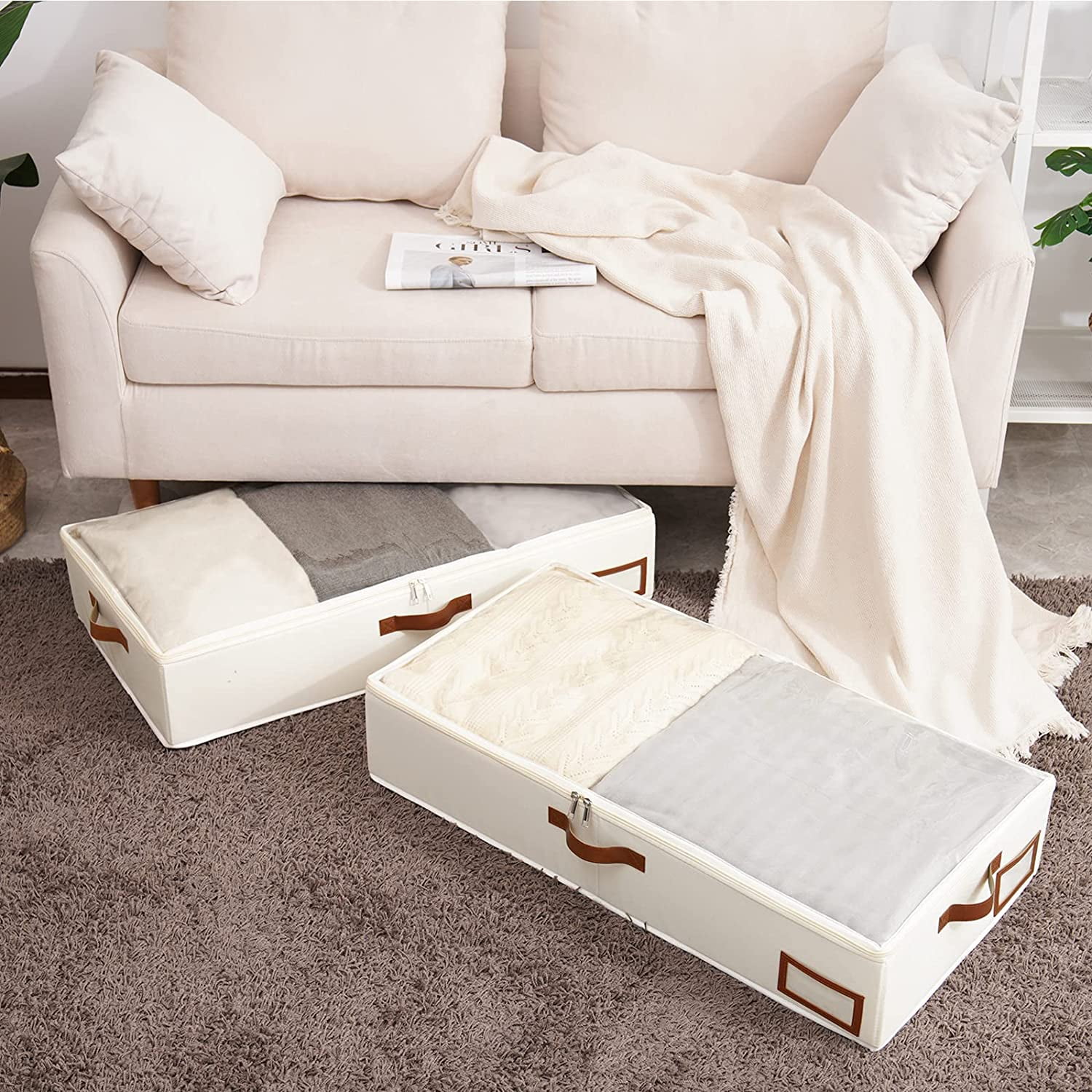 Under Bed Storage, 2 Pack Underbed Storage Box, Collapsible Storage Bag, with Sorting card slot and 4 Leather Handles, for Blanket, Bedding, 23.6''Lx11.8''Wx6''H, Beige