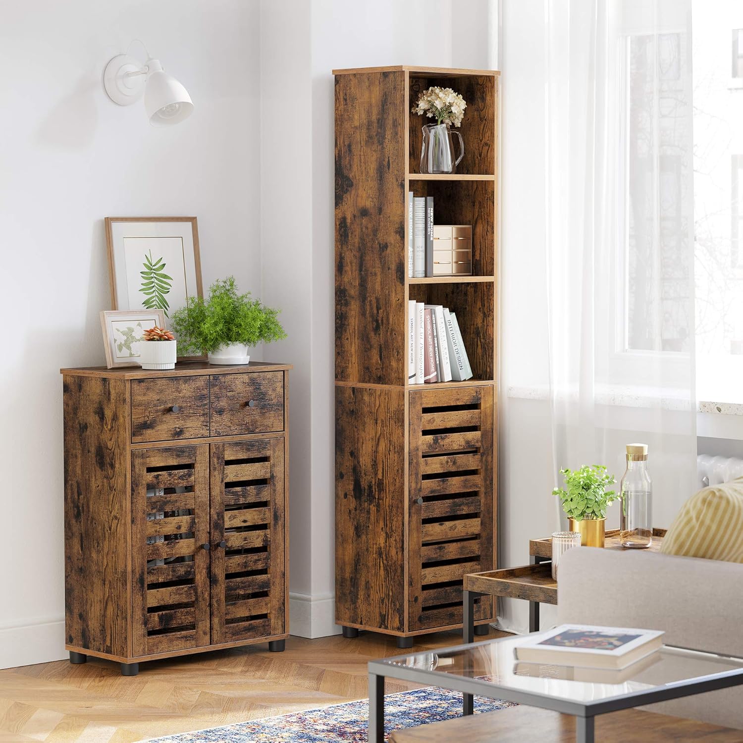 VASAGLE Bathroom Cabinet, Storage Cabinet, Floor Cabinet, 23.6 x 11.8 x 32.3 Inches, with 2 Louvered Doors, Drawer, Adjustable Shelf, for Living Room, Kitchen, Rustic Brown UBBK141X01