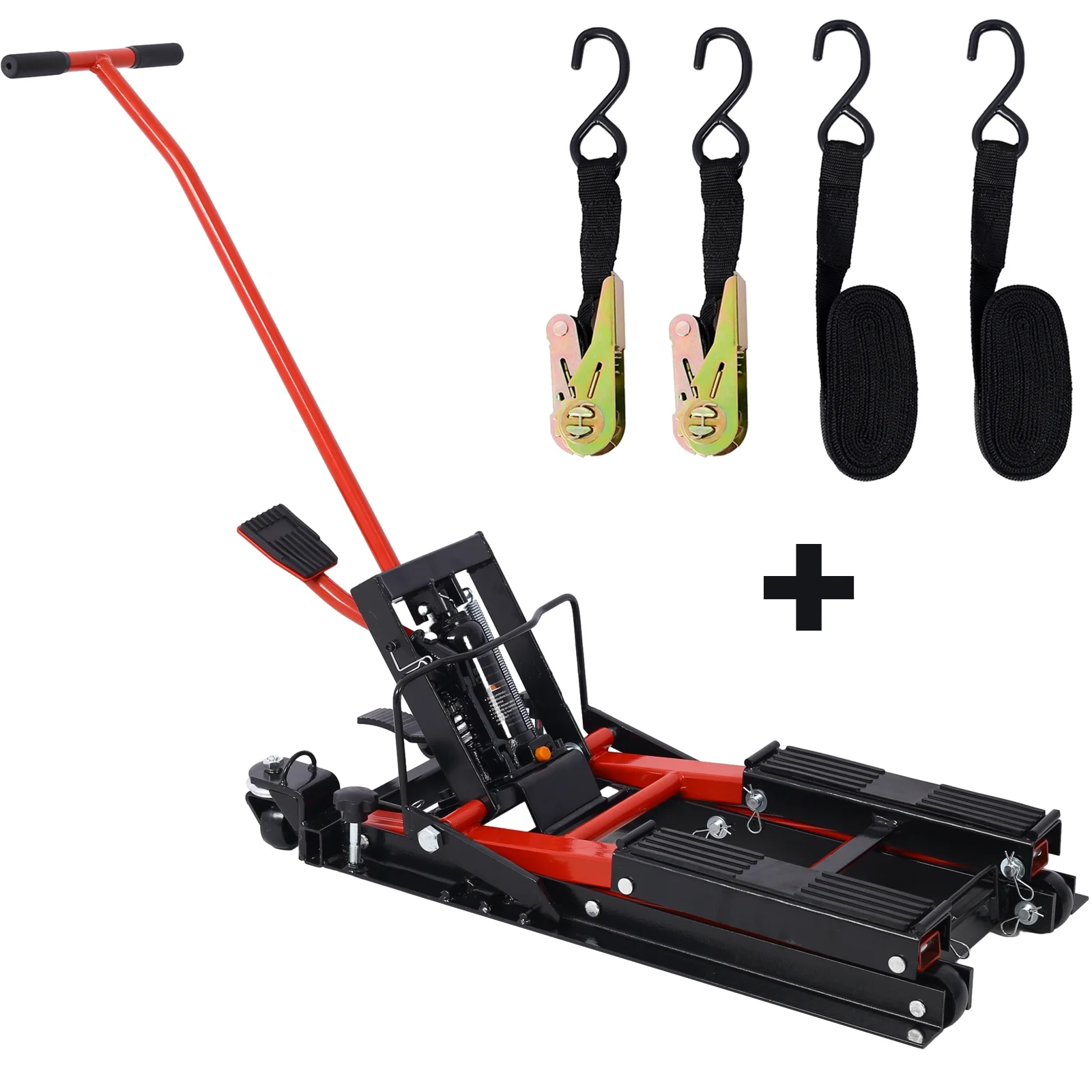 Hydraulic Motorcycle Lift Jack, 1500 LBS Capacity ATV Scissor Lift Jack, Portable Motorcycle Lift Table with 4 Wheels, Hydraulic Foot-Operated Hoist Stand for Motorcycle ATV UTV with tie down - Curated Treasures Market