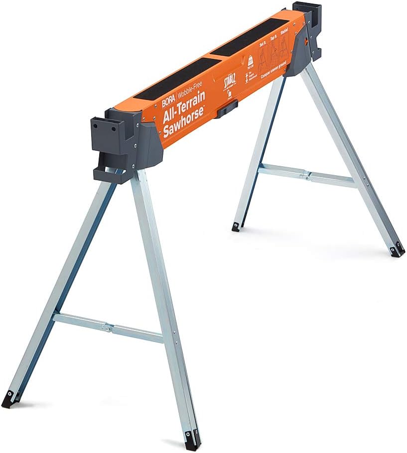 Bora Portamate All-Terrain Sawhorse, Tap to Adapt Swivel Leg for Stability on Uneven Surfaces. Folding Saw Horses for Table Stand, Woodworking, Carpenters, Contractors, PM-4520