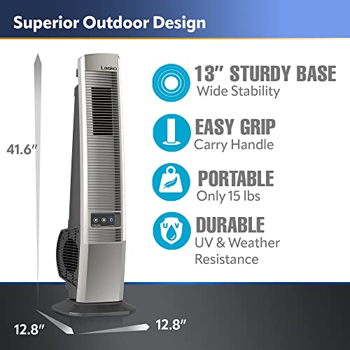 Lasko 42" Portable Outdoor Tower Fan with Bluetooth Technology for Decks, Patios and Porches with 4 Speeds, Night Mode, Internal Oscillation, Black, YF200, Large