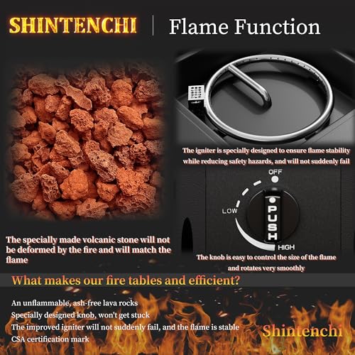 Shintenchi Propane Fire Pits 28 Inch Outdoor Gas Fire Pit, 50,000 BTU Steel Fire Table with Lid and Lava Rock, CSA-Certified Propane Fire Pit Outdoor/Patio with Rattan Pattern Steel Base/Lid, Black