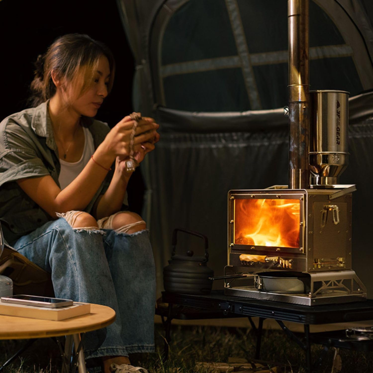3F UL GEAR Portable Outdoor Wood Burning Stove with Chimney Pipe, Tent Heater & Stove with Fireproof Glass Window, Camping Stove Oven With Pellet Bin for Backpacking,Fishing, Hiking,Picnic