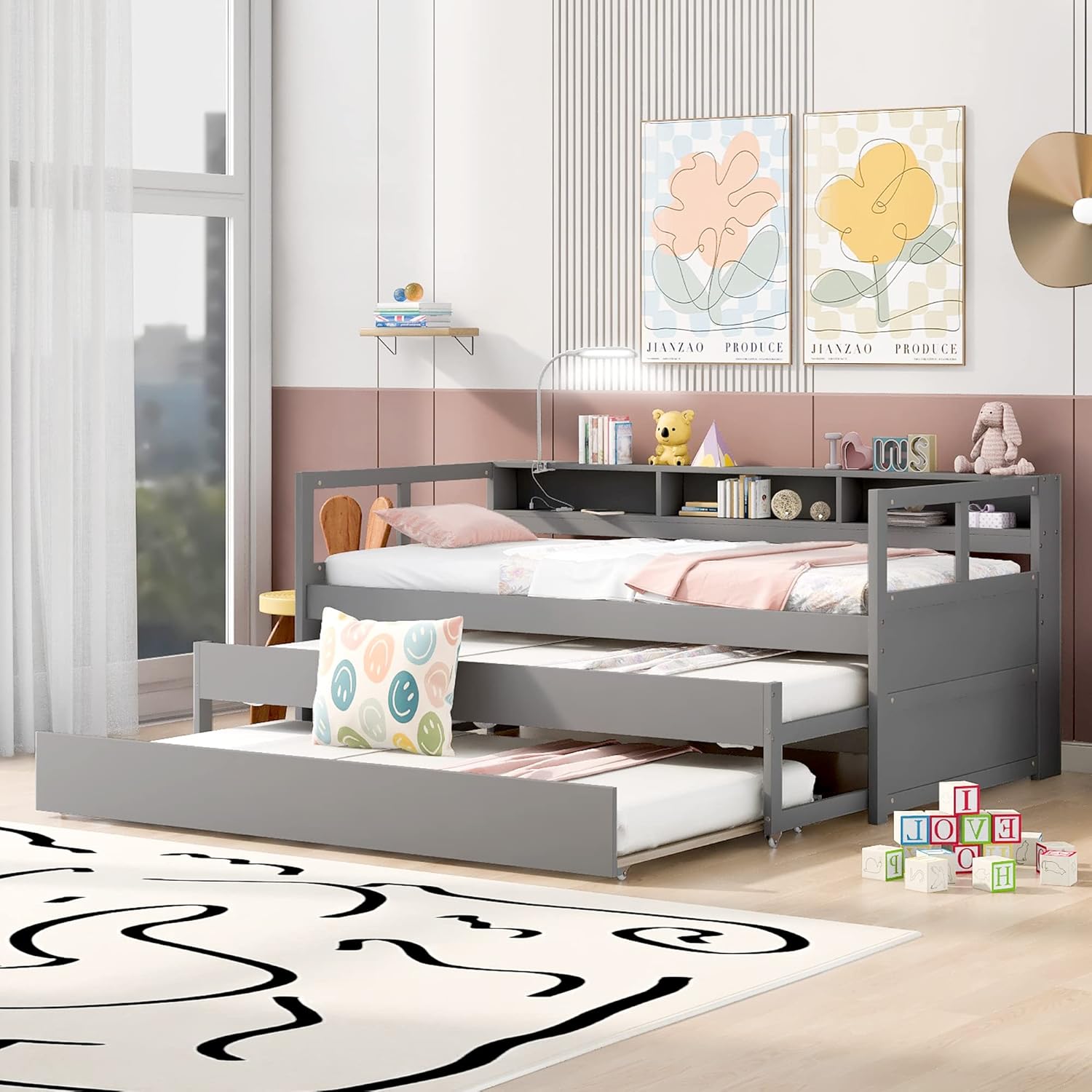 Bellemave Twin XL Daybed with 2 Trundle Beds Wood Platform Bed with Storage Headboard, Twin XL Day Bed Frame with USB Charging and Light for Bedroom and Living Room, Gray