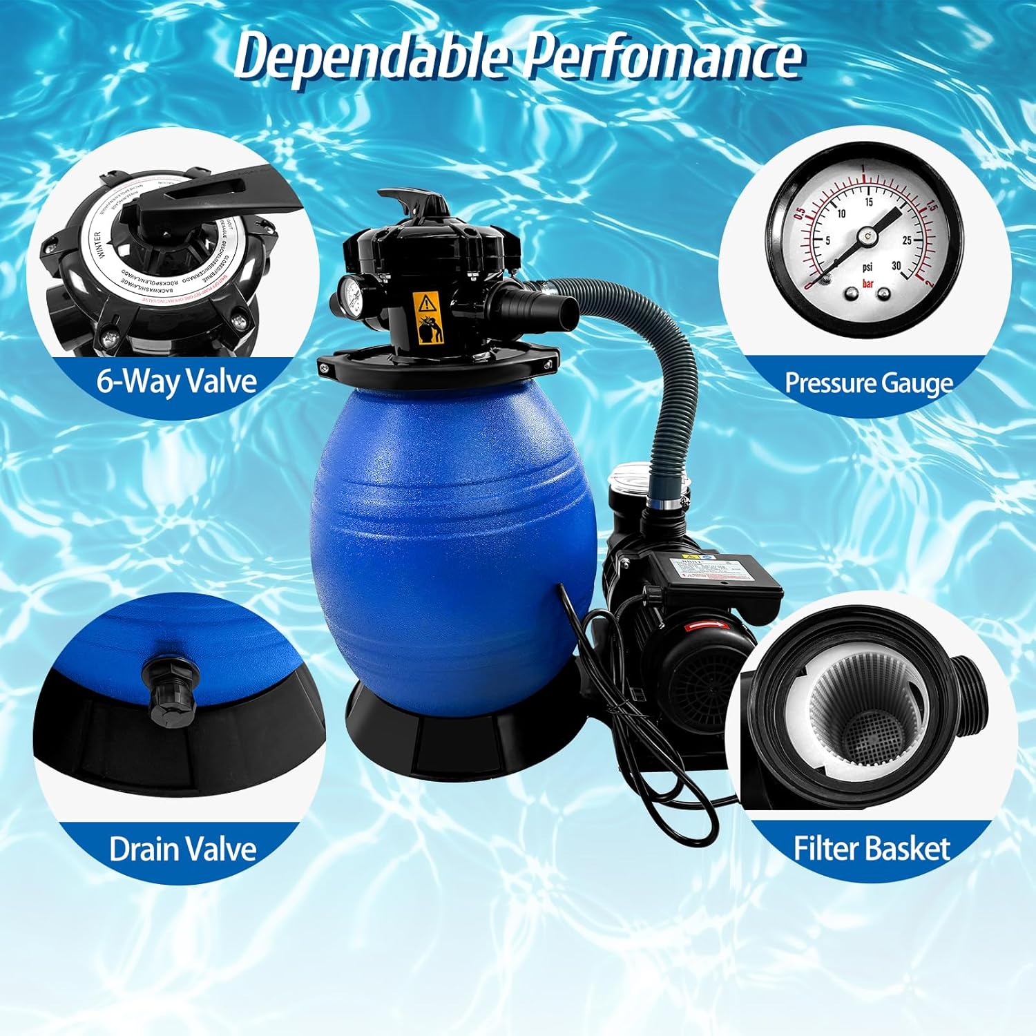 13 Inch Pool Sand Filter 6 Way Valve High-Flo Sand Filter Pump System w/ 3/4HP Pool Pump for Above Ground and Inground Pools with Multi Port Valve