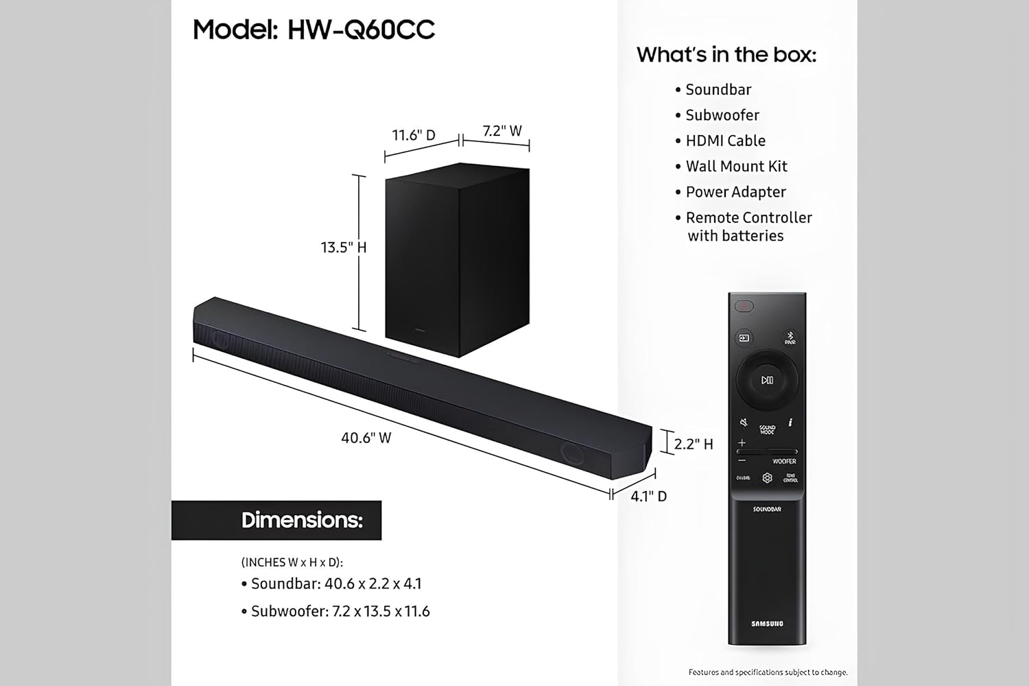 SAMSUNG HW-Q60CC 3.1ch Soundbar with Dolby Audio, Q-Symphony, Adaptive Sound Lite, HDMI eARC, Game Mode, Bluetooth, Tap Sound, Wireless Surround Sound Compatible.