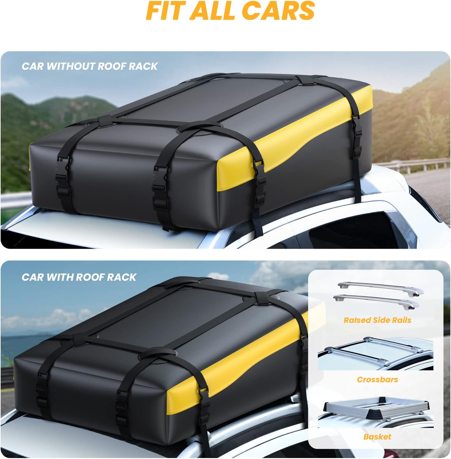Vanku Car Rooftop Cargo Carrier, 16 Cubic Ft Waterproof 840D PVC Car Roof Cargo Bag for All Vehicles with/Without Rack Including Non-Slip Mat Reinforced Long Straps
