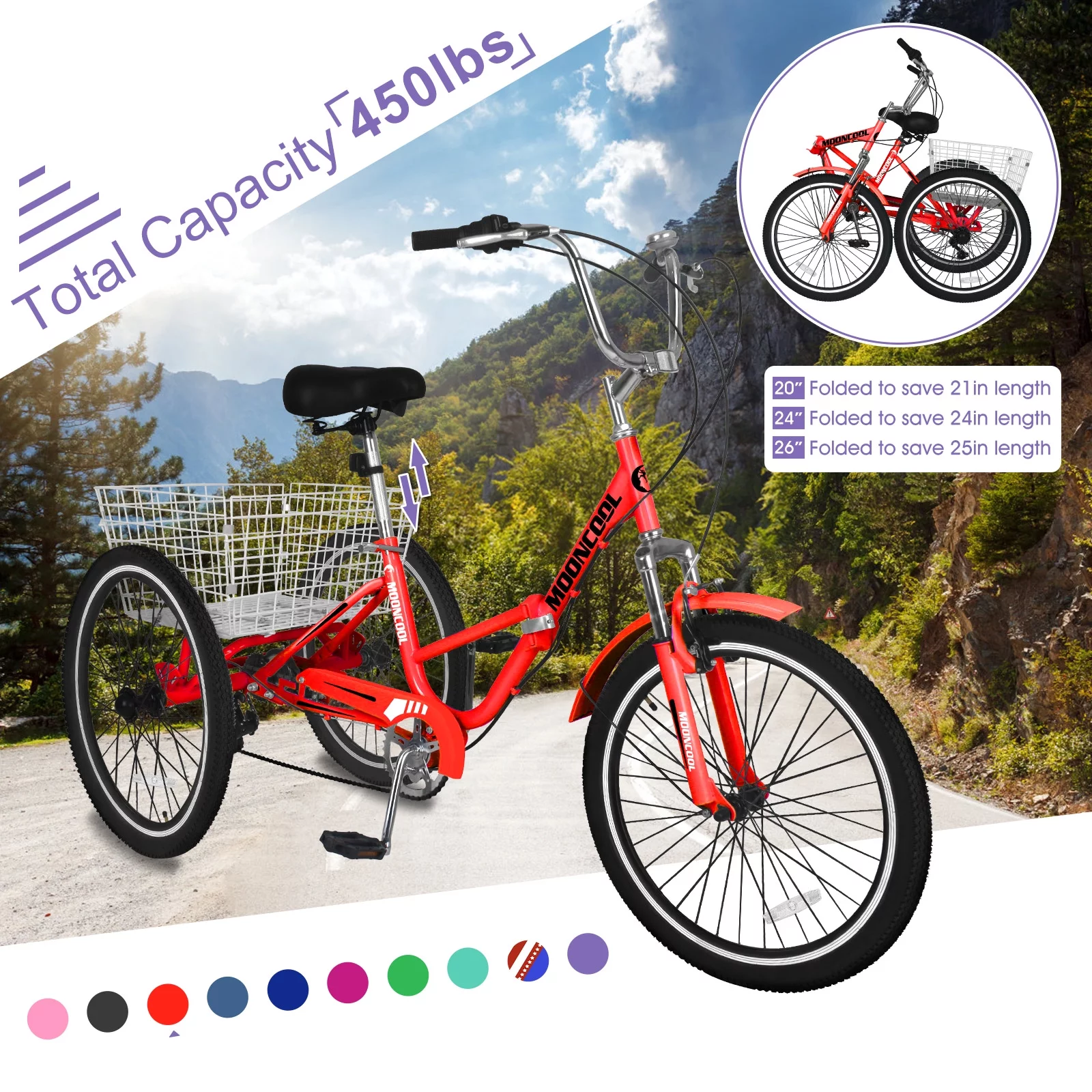 LILYPELLE 24 Adult Tricycle 7 Speed, Three Wheel Bikes for Adults 400lbs,Low-Step Through Trike Cruiser for Exercise Shopping Outdoor Activities,Cyan