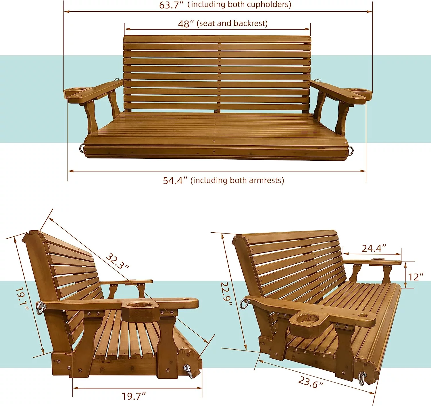 Patio Wooden Porch Swing 2 Seater with Cupholders, 800 lbs Bench Swing for Outdoors, 4.5 feet Brown