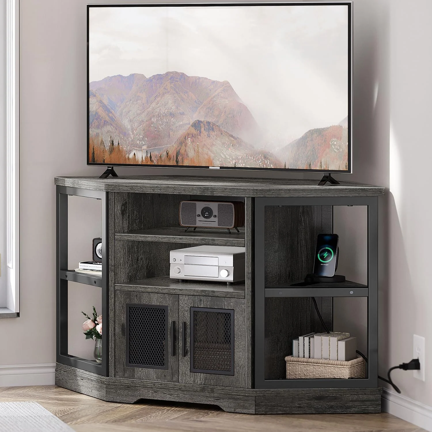 FJU Corner TV Stand for TVs up to 55 Inch with Power Outlet, Modern Farmhouse Entertainment Center, Wood TV Media Console with Storage Cabinets Shelves for Living Room Bedroom, Gray Oak
