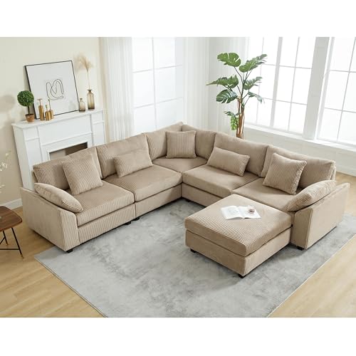 110.6"*110.6" Oversized Corner Modular Sectional Sofa Set, Modern L-Shaped Couch with Movable Ottoman and 7 Pillows, Comfy Corduroy Fabric Deep Seat 6 Seater Cloud Couch for Living Room (Beige)