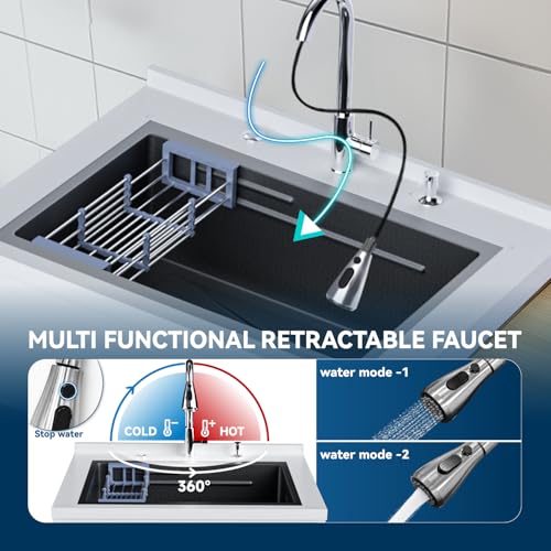 Stainless Steel Utility Sink,24" FreeStanding Laundry&Utility Room Sinks with Cold and Hot Water Faucet,Hoses and Drain Kit Commercial Single Bowl,Laundry Sink for Kitchens, Garage (24x18x36 Black)