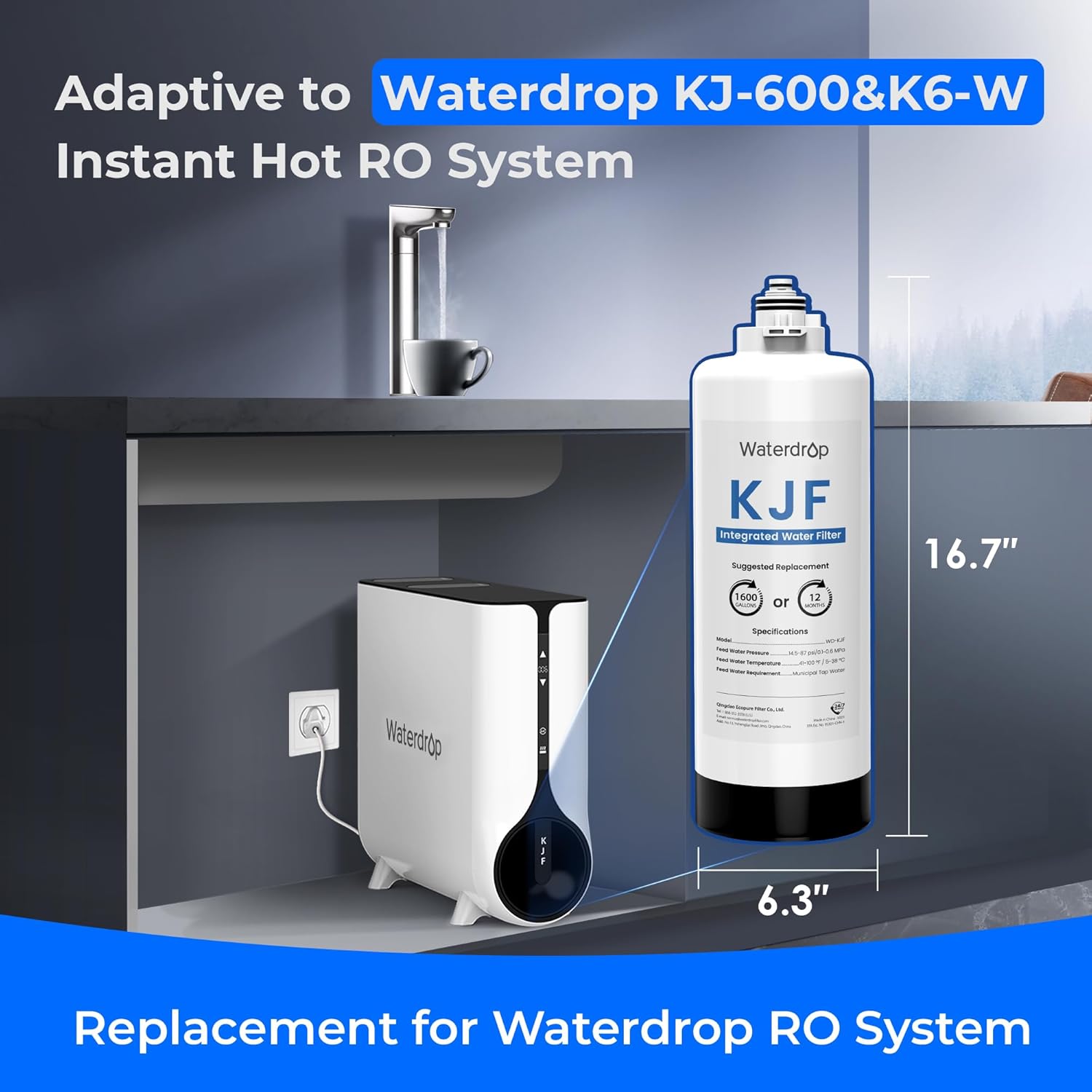 Waterdrop WD-KJF Filter, Replacement for WD-KJ600 Reverse Osmosis Instant Hot Water Dispenser System, 12-month Lifetime