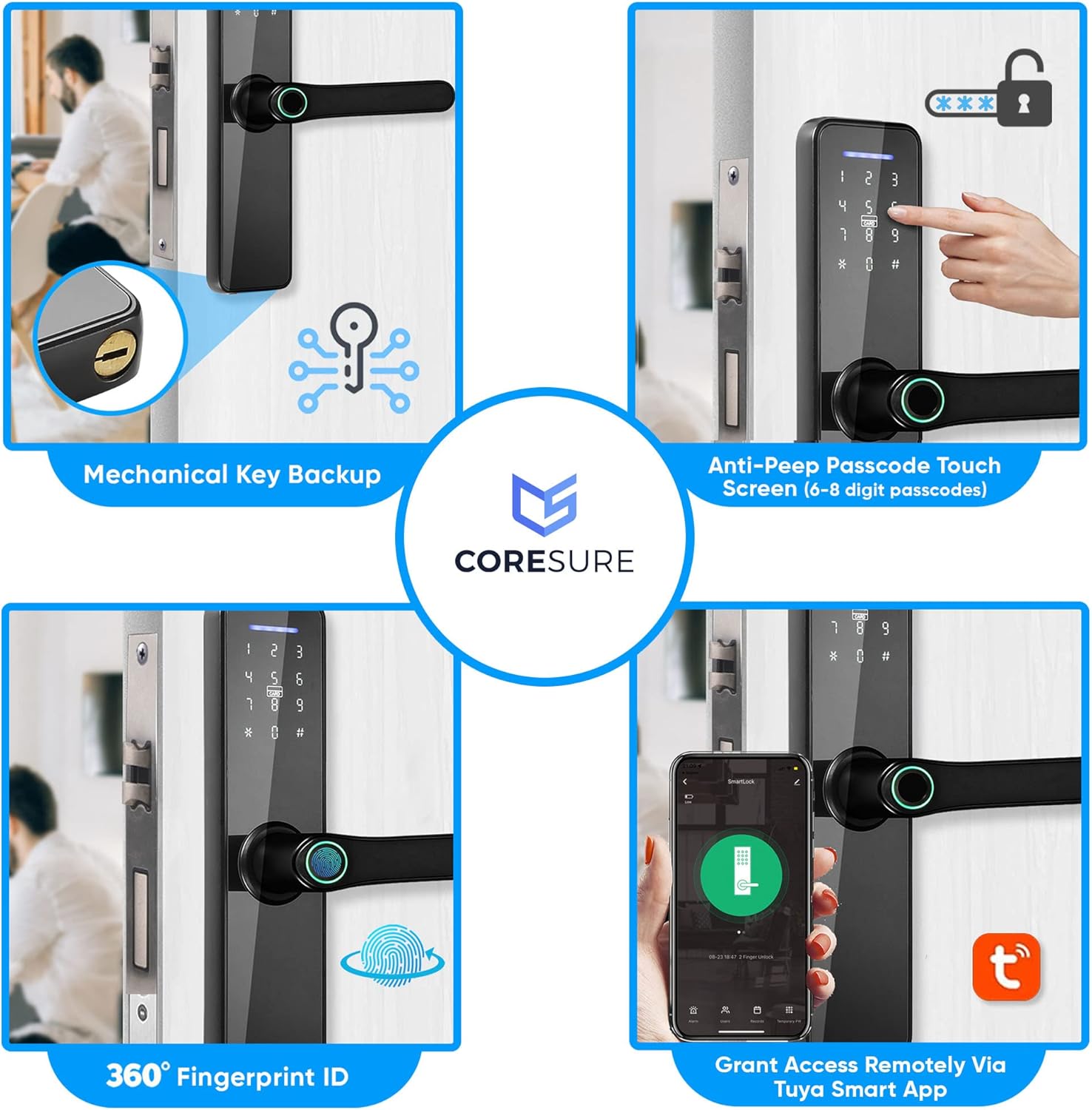 CoreSure Smart Keyless Entry Door Lock - Fingerprint Electronic Deadbolt Door Lock, Auto Locking, Smart Door Lock and Password Card - Compatible with Tuya Smart Home App for Remote Access