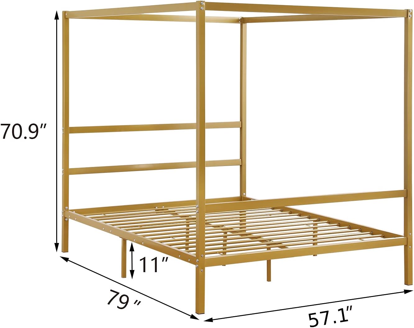 VINGLI Gold Canopy Bed Frame Full Size with Headboard,Gold Bed Full Bohemian Bed Frame,4 Poster Bed with 11 Inch Underbed Storage