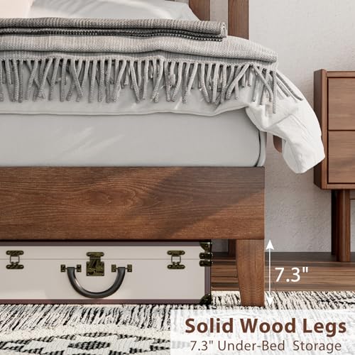 Full Size Solid Wood Bed Frame with Headboard, Platform Bed with Slat Support/No Box Spring Needed/Easy Assembly, Walnut