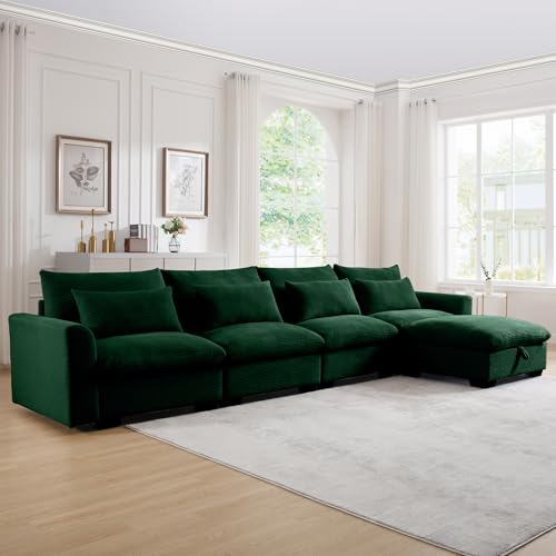 Corduroy L Shaped Sofa Couch 157.5" Brown Comfy Modular Couch Oversized Couch with Storage Ottoman Cloud Couch 4 Seater Extra Deep Sofa Couch,Sectional Couches for Living Room