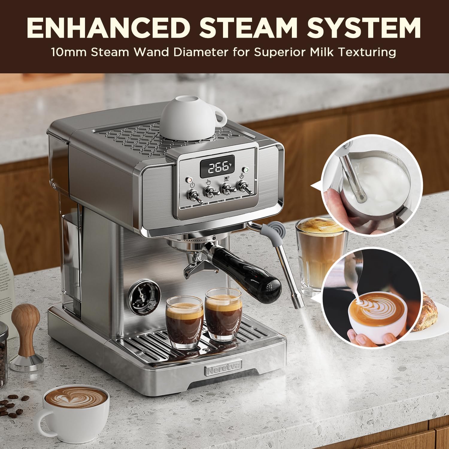 Neretva Espresso Machine, 15 Bar LCD Display Espresso Maker Manual&Auto Mode Stainless Steel Espresso Coffee Machines with 60oz Water Tank&Milk Frother for Home Barista, Latte and Cappuccino Machine