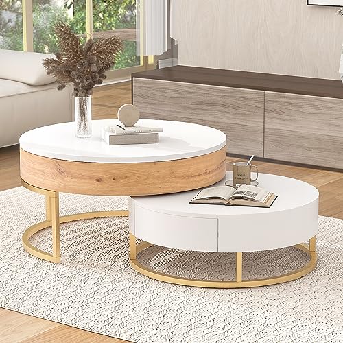 Modern Round Lift-top Nesting Coffee Tables with 2 Drawers for Living Room White & Natural