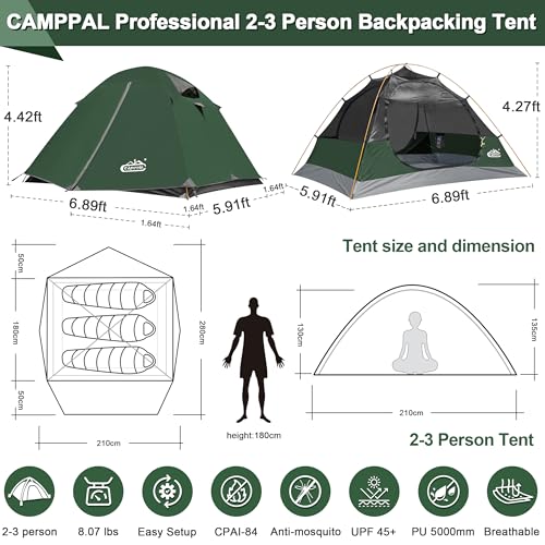 2-3 Person Tent Backpacking Tent, Waterproof Windproof 4 Season Tent for Camping, Easy Setup Two Person Tent for Backpacking, Hiking, Hunting, Motor Cycling & Biking