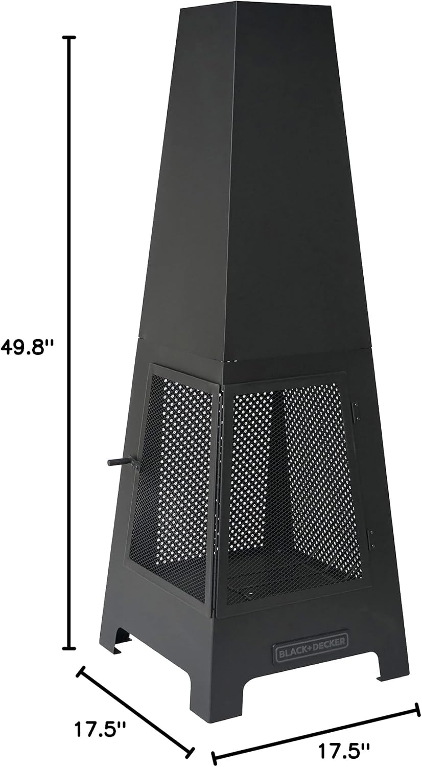 BLACK + DECKER Steel Woodburning Pyramid Chiminea Outdoor Fireplace Hinged mesh screen panel doors Black powder coated steel fire pit over 4 ft tall includes poker