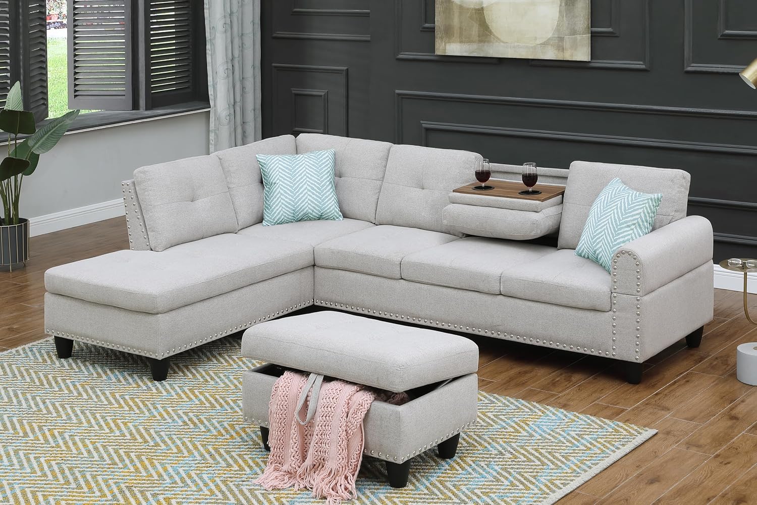 98" Left Hand Facing Sofa & Chaise with Storage Ottoman and Rounded Arms, L-Shaped Upholstered Corner Couch w/Cup Holders & 2 Toss Pillows for Living Room, Office, Apartment, Light Gray