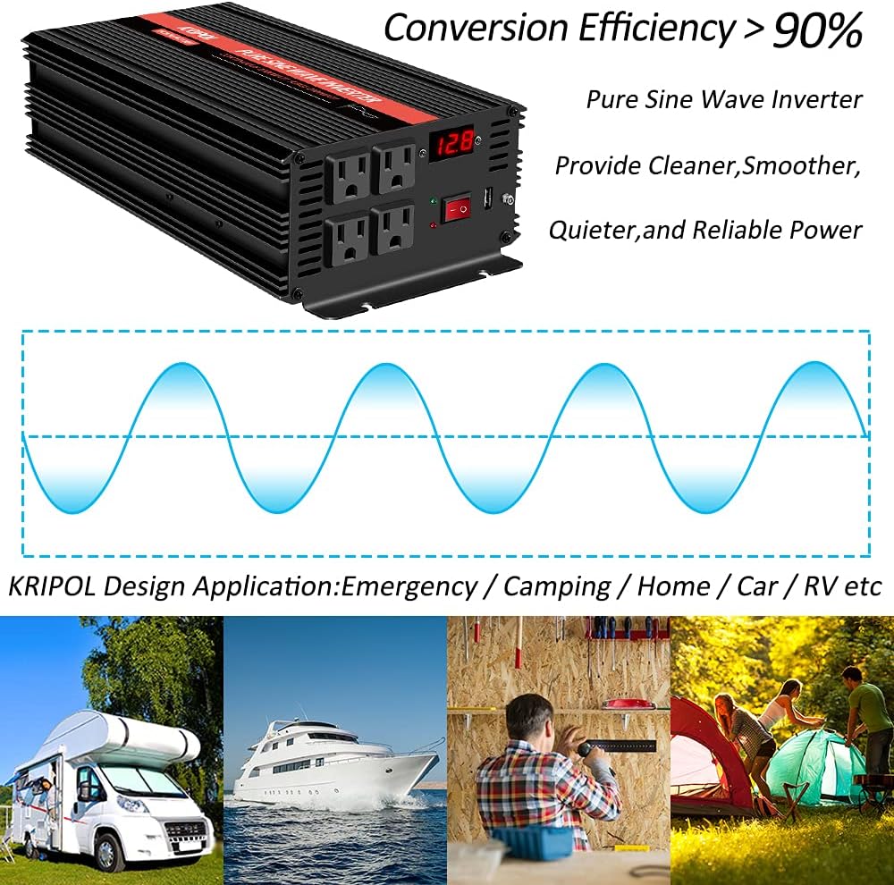 1000 Watt Pure Sine Wave Inverter 12v DC to 110/120v AC, Car Converter Inverter 4 AC&USB Output, Wireless Remote Control(170ft), Power Adapter for Home/Outdoor/RV/Emergency(1000W-12V)